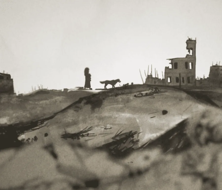 Noor and her dog walking across a ruined landscape at dusk