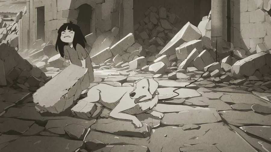 Noor seated among rubble beside her dog