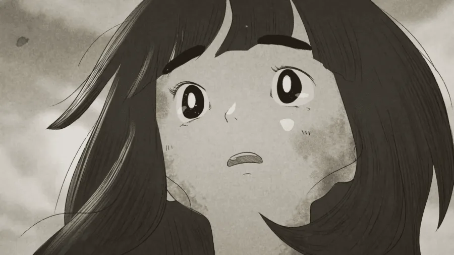 Close up of Noor's tearful expression against a stormy sky