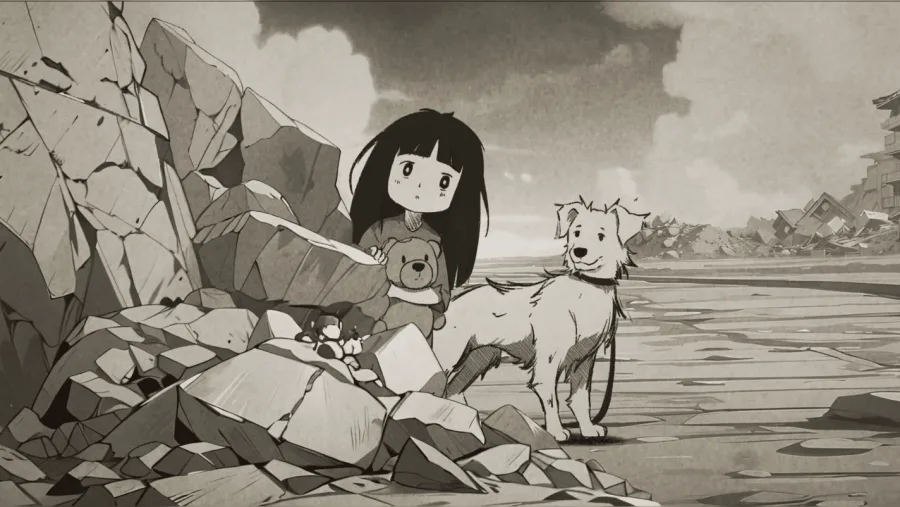 Noor holding her teddy bear beside her dog on a coastline of ruined buildings