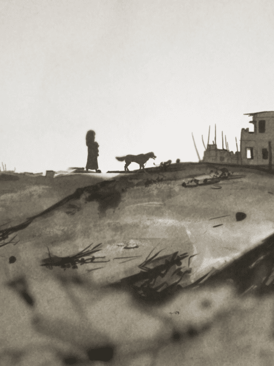 Film still from hand-drawn 2D animation Children of Barzakh depicting emotional scene with stylized character anime design