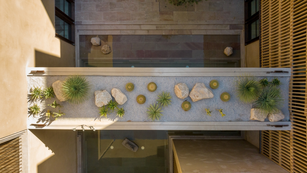 Aerial interior shot of OrangeBox highlighting geometry, material contrast, and modern architectural planning